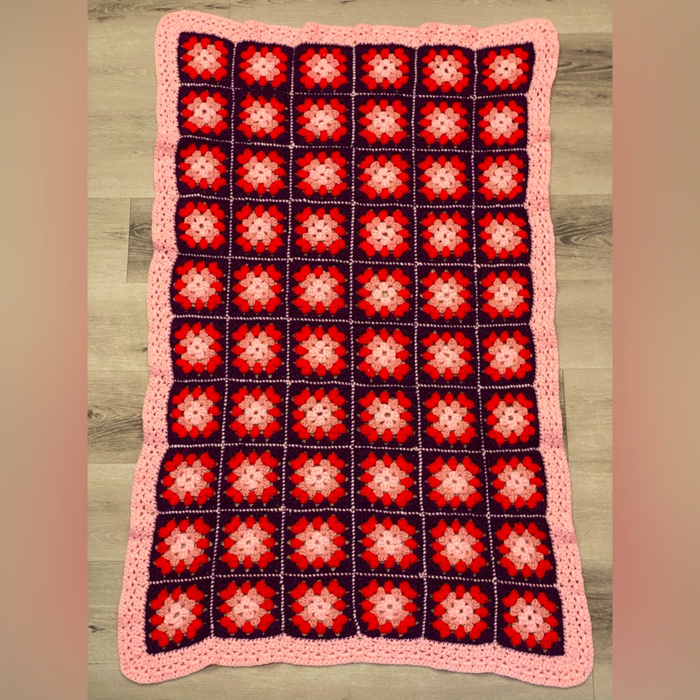 Vintage Handmade Granny-Square Crochet Blanket